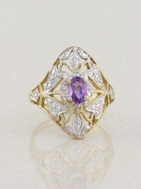 10k Yellow Gold & White Gold Natural Amethyst Ring Filigree Flower Size 7